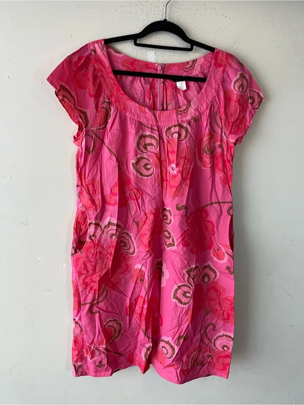 J.Crew Retro Mod Floral Shift Dress 12 Pink Cotton Pockets Scoop Neck Tunic Mini